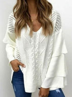 White Casual V Neck Solid Long Sleeve Sweater