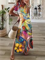 Abstract Casual Short Sleeve Shift Knitting Maxi Dress