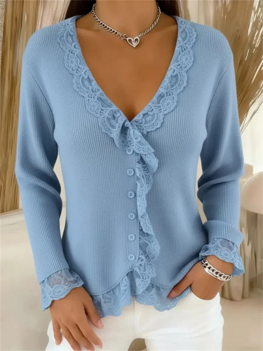 Women's Lace-paneled V-neck Long Sleeve Sweater