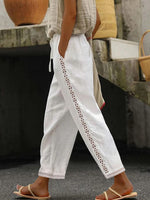 Cotton & Linen Casual Plain Lace-Up Patchwork Lace Pants