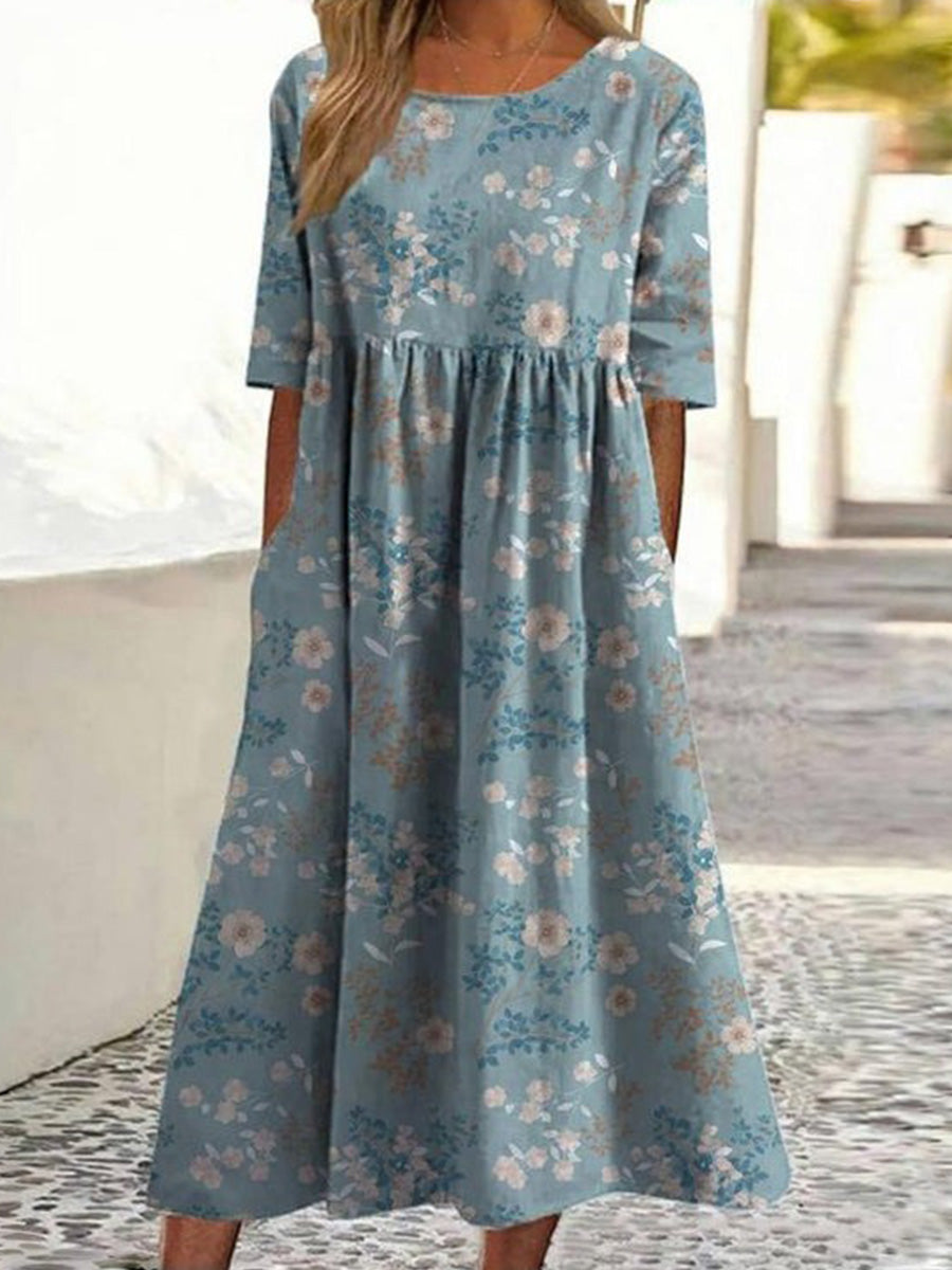 Blue Vintage Floral Print Half Sleeve Dress