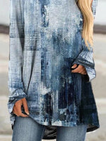 Blue Casual Graphic Tops Round Neck Long Sleeve Vintage Printed Sweatshirts
