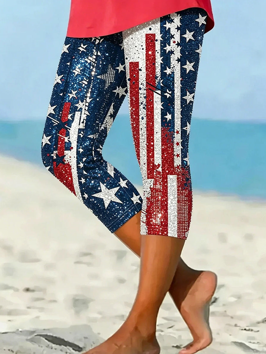 American Flag Print Sparkle Capri Leggings
