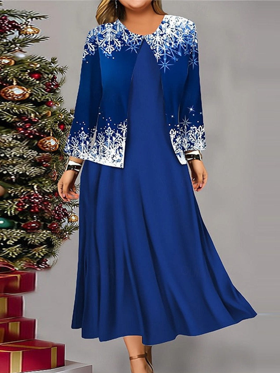 Snowflake Print Crew Neck Long Sleeve Two Piece Dress