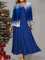 Snowflake Print Crew Neck Long Sleeve Two Piece Dress