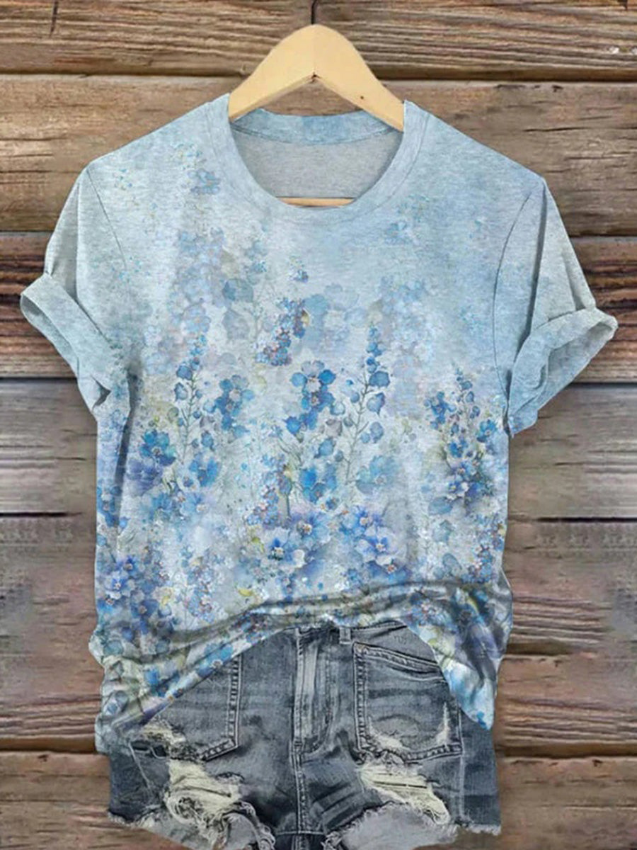 Vintage Floral Print Round Neck Short Sleeve T-Shirt
