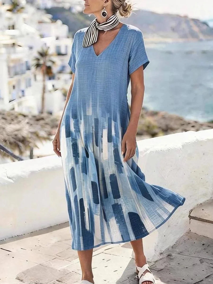 Blue Ombre Print V-Neck Short Sleeve Midi Dress