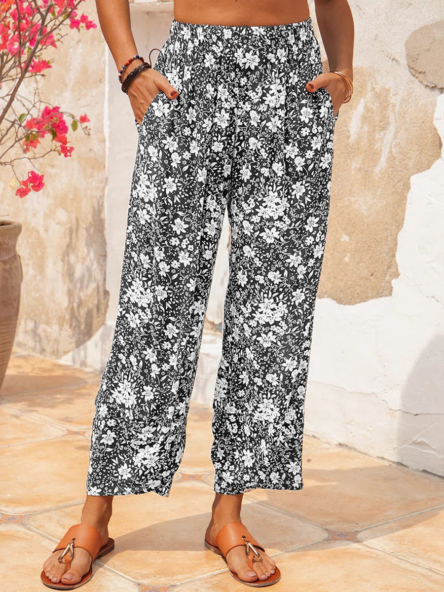 Floral Print Vintage Elastic Waist Pants