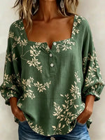 Green Leaf Print Square Neck 3/4 Sleeve Blouse