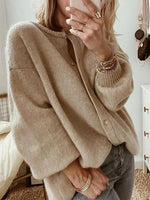 Khaki Casual Tops Round Neck Long Sleeve Solid Sweater