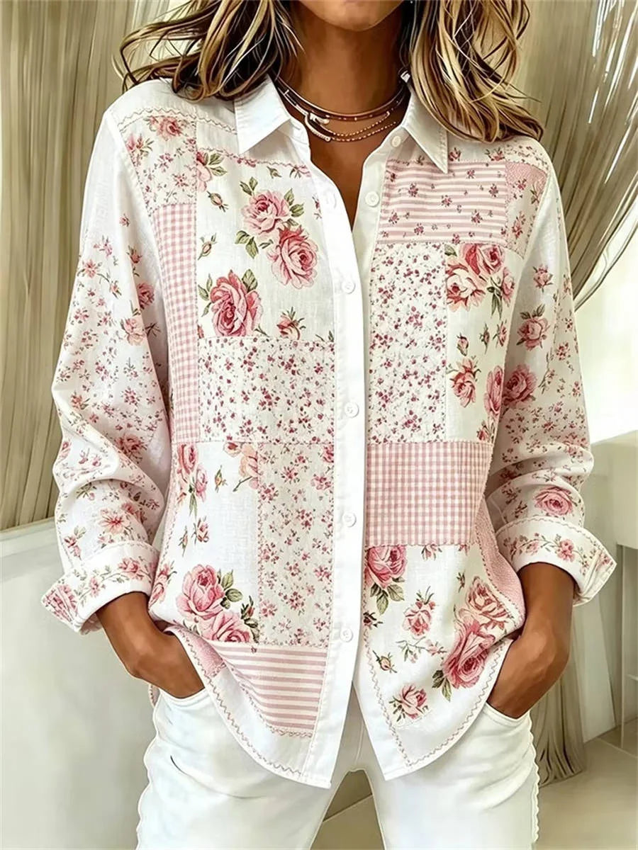 Women's Pink Floral Art Patchwork Lapel Long Sleeve Shirt