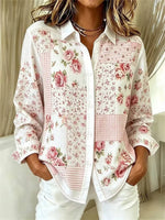 Women's Pink Floral Art Patchwork Lapel Long Sleeve Shirt