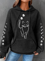 Cat Print Casual Waffle Long Sleeve Hoodie