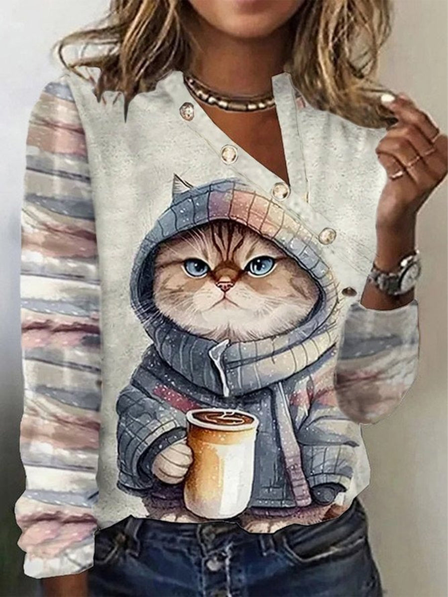 Casual Cat Asymmetrical Collar Long Sleeve T-shirt