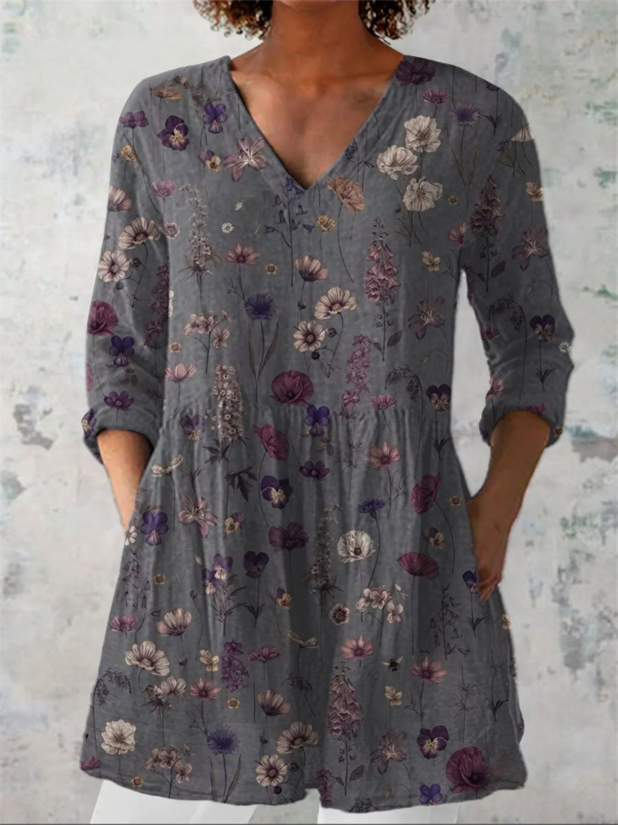 Women's Flowers Art Print Casual V-Neck 3/4 Sleeve Shirt