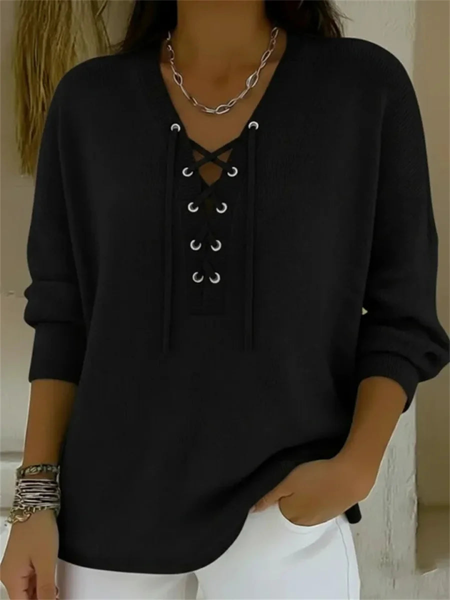 Casual V-neck Long Sleeve Tie-front Pullover Sweater