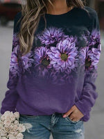 Purple Casual Round Neck Floral Printed Long Sleeve Sweatshirts
