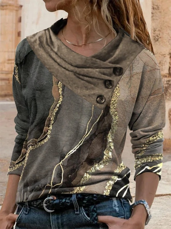 Brown Casual V Neck Printed Long Sleeve Blouse