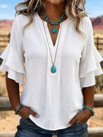 Casual Solid Colour V-neck 3/4 Sleeve Blouse
