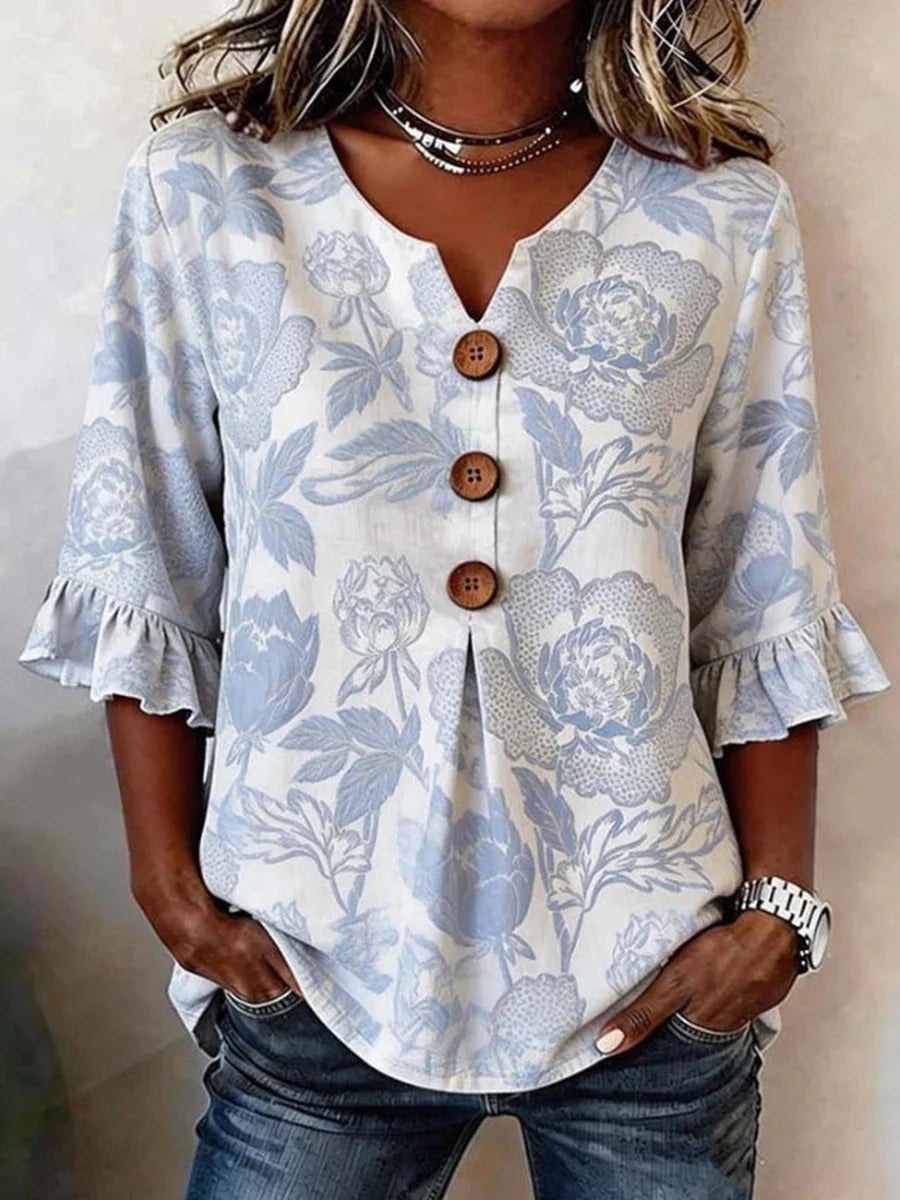 Vintage Floral Print V-neck 3/4 Sleeve Blouse