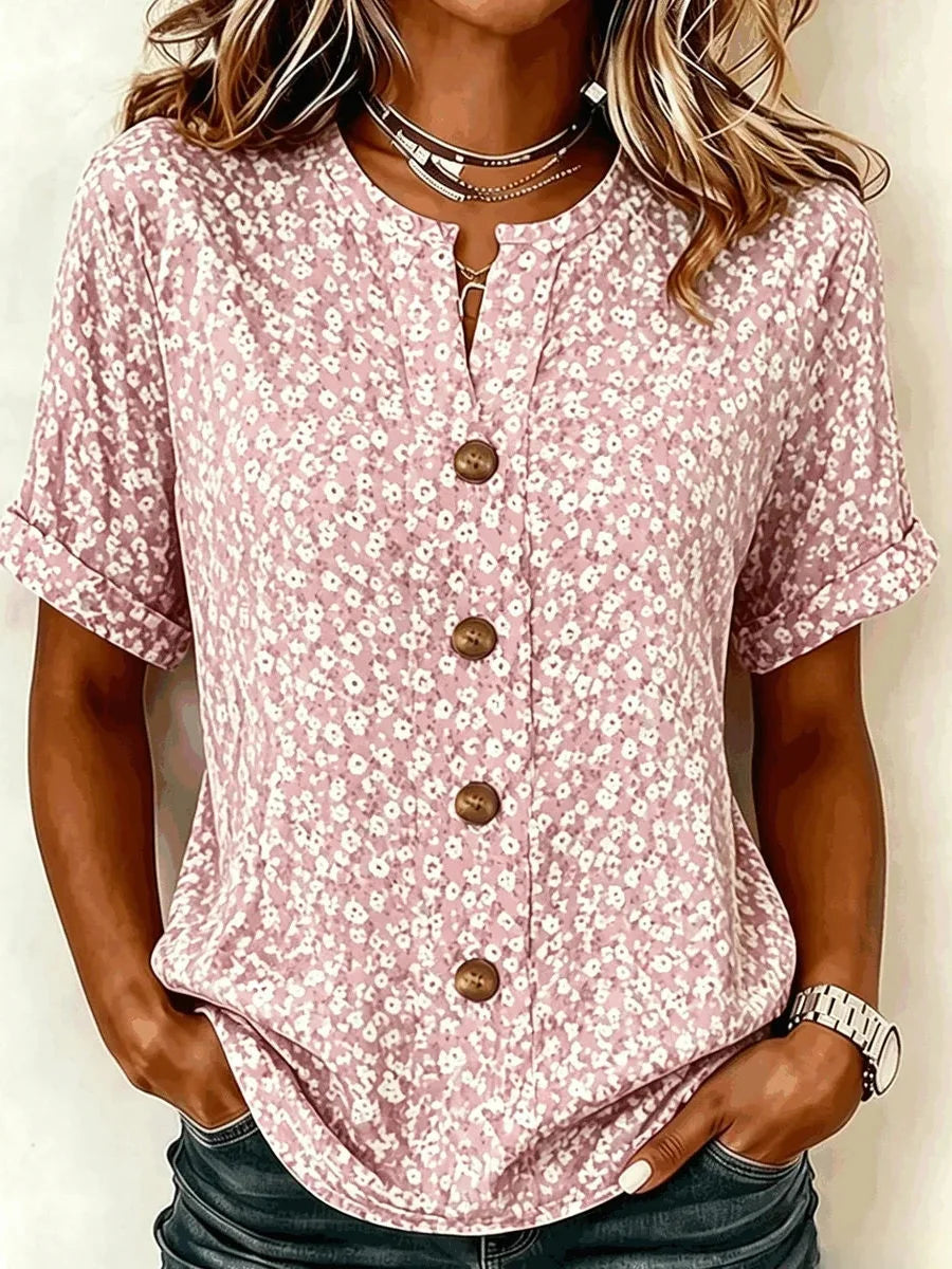 Pink Ditsy Floral Print Notched-Neck Short Sleeve Casual Top