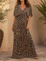 Leopard Print V-neck Short Sleeve Smocked Waist Kimono Maxi Dress