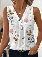 White Lotus Print V Neck Loose Sleeveless Tank Top