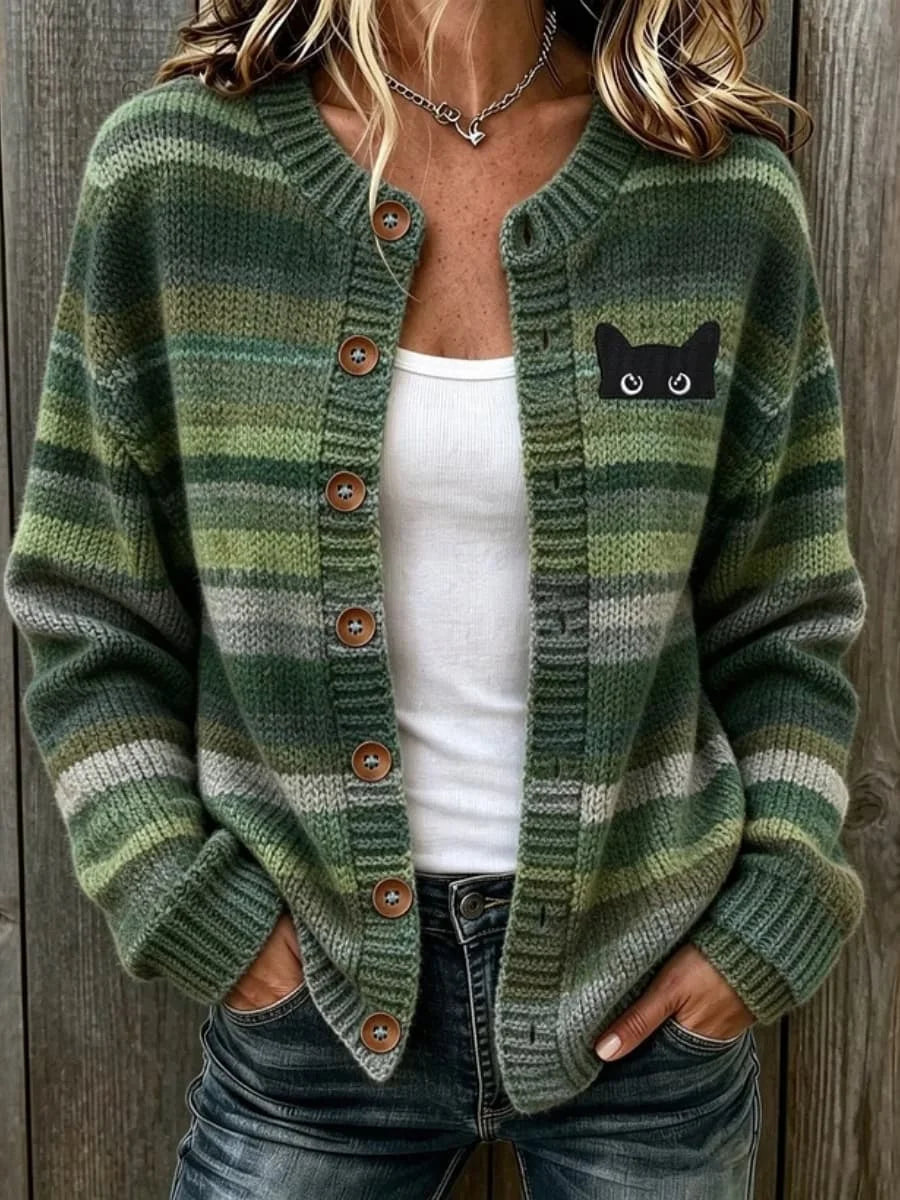 Women's Retro Black Cat Striped Print Crew Neck Long Sleeve Cardigan