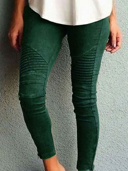 Green Casual Solid Fall Pants