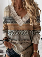 Grey Casual Graphic Tops V-neck Long Sleeve Geometric Printed Sweaters