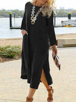 Solid Vintage Round Neck Long Sleeve Maxi Dress