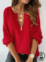 Showy Red Plain Long Sleeve Zipper V Neck Sweater