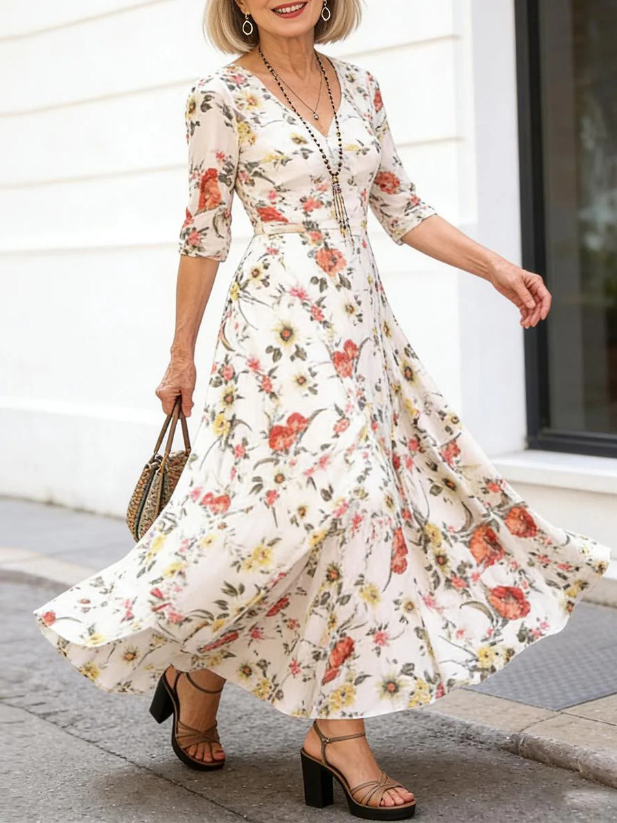 Elegant Floral V-Neck 3/4 Sleeve Maxi Dress