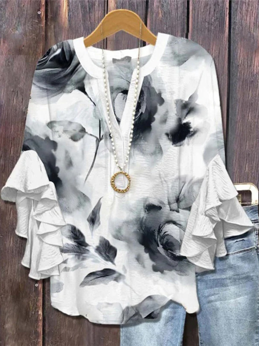 Gradient Floral Print V-neck 3/4 Sleeve Blouse