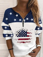Blue Casual V-neck Long Sleeve American US Flag Printed Sweatshirts