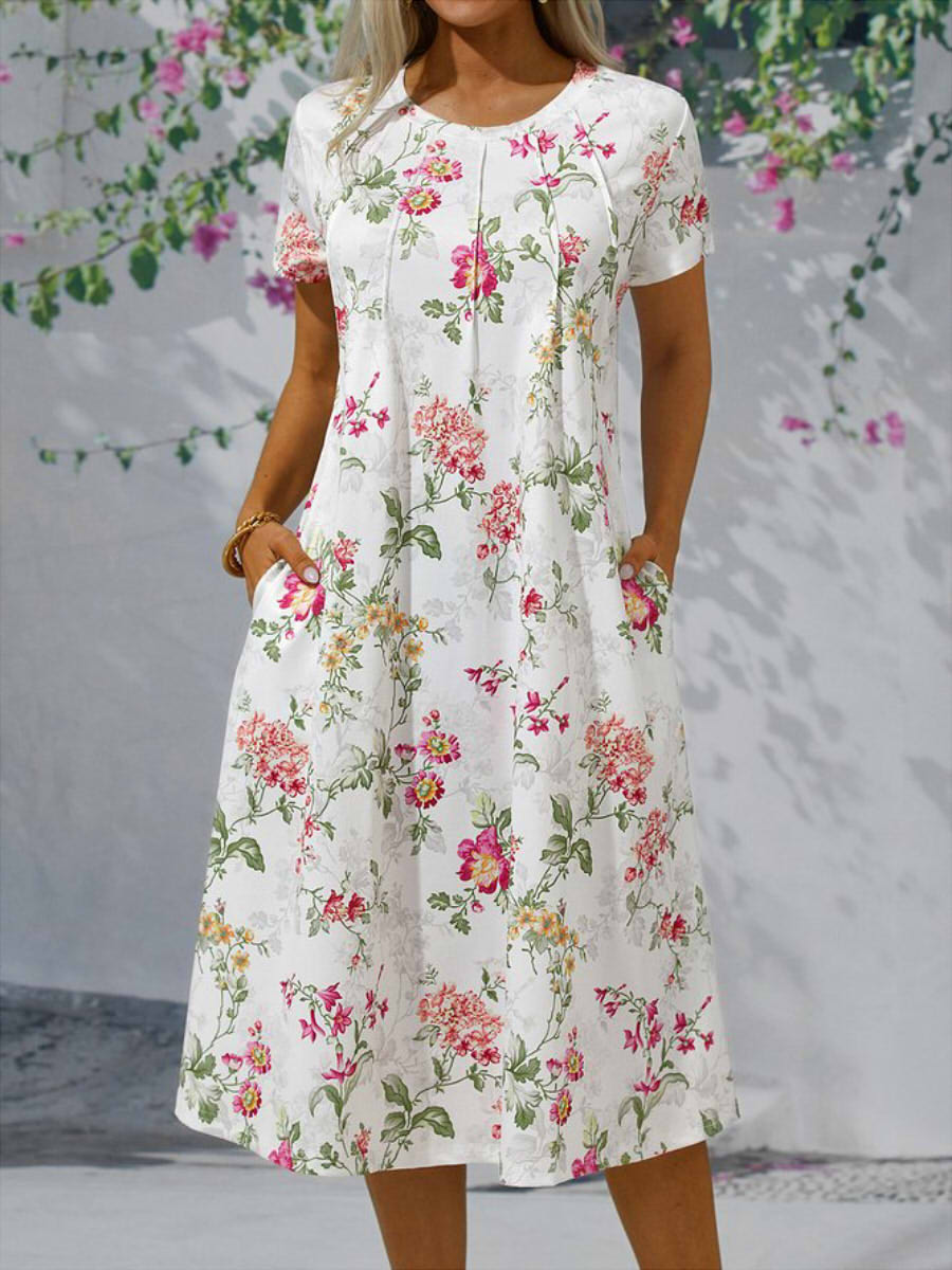 Casual Round Neck Short Sleeve Floral Midi Dress