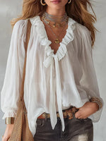 Retro Romantic V-neck Tie Lantern Long Sleeve Blouse