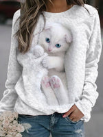 Fashion Cat Print Long-Sleeve Sweatshirt