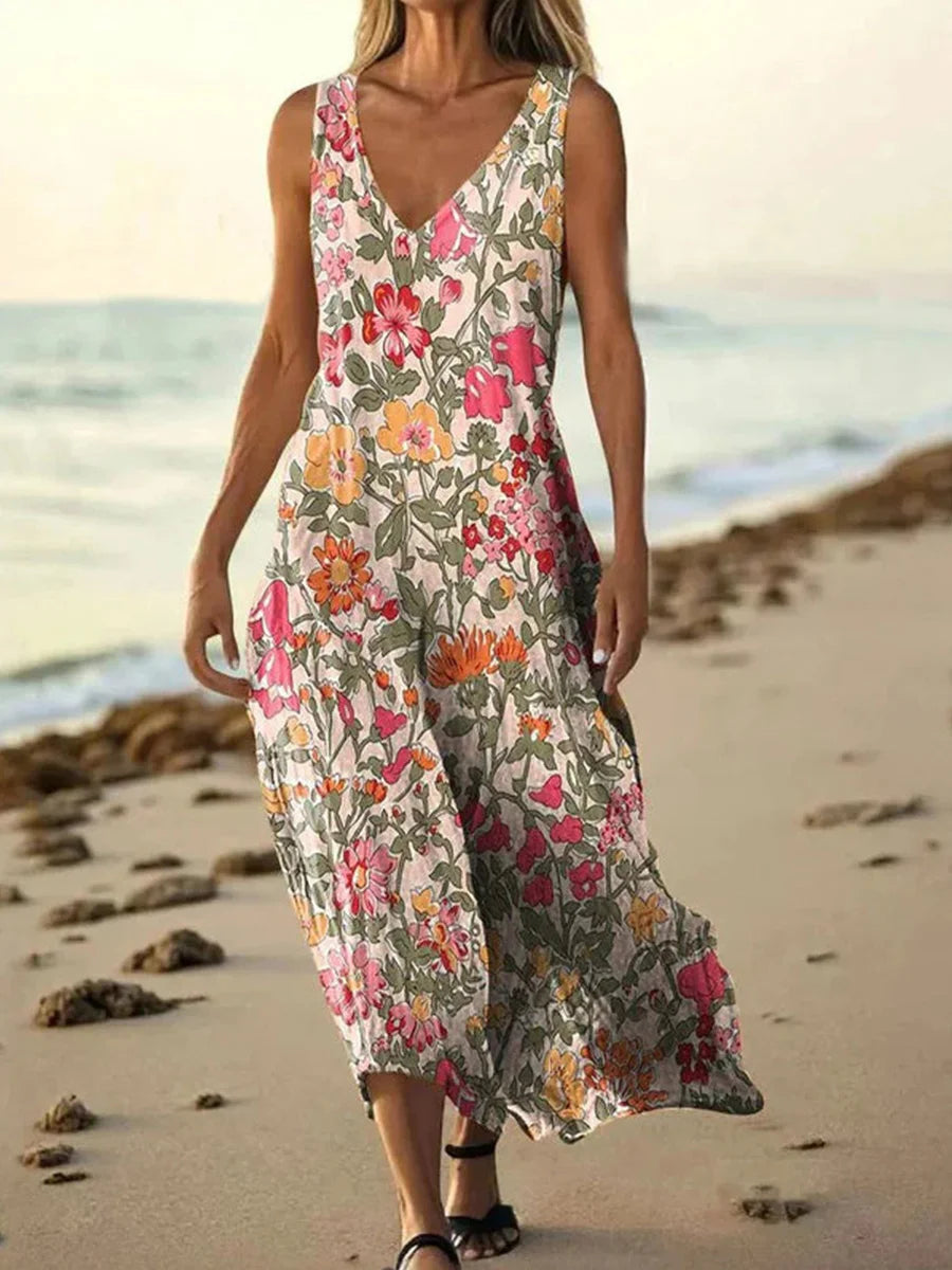 Vintage Floral Print V-neck Sleeveless Dress