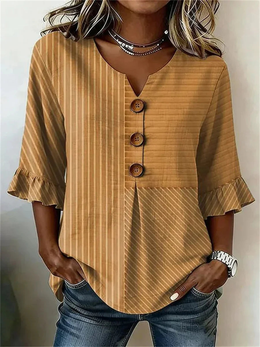 Vintage Striped V-neck 3/4 Sleeve Blouse