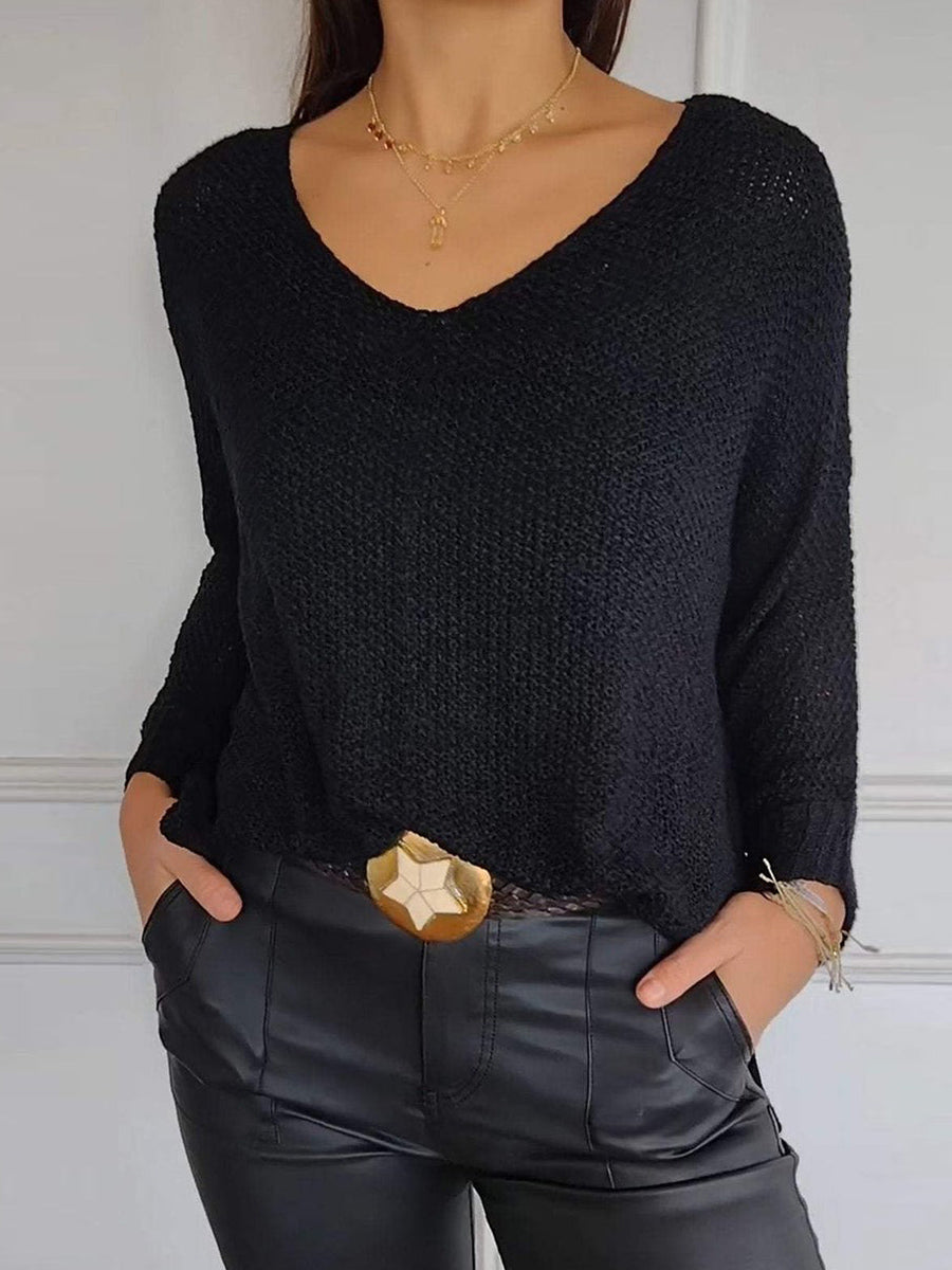 Casual Sweater Plain V-Neck Knitted Long Sleeve Tops