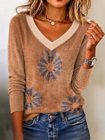 Elegant Camel V-Neck Floral Print Long Sleeve Sweater