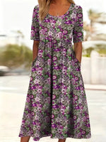 Vintage Floral Print Round Neck Short Sleeve Dress