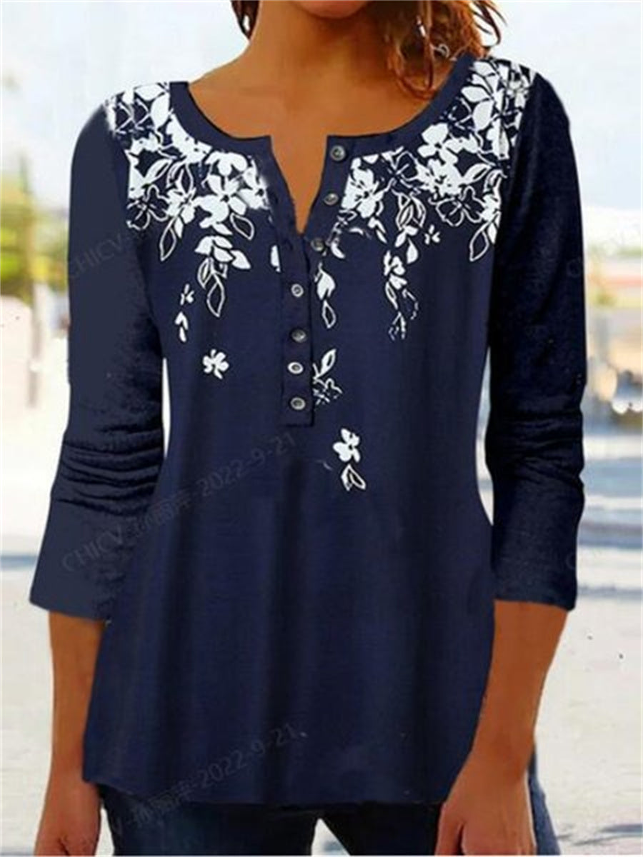 Floral Crew Neck Long Sleeve Loose Blouse