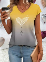 Gradient Heart Print V-neck Short Sleeve T-Shirt