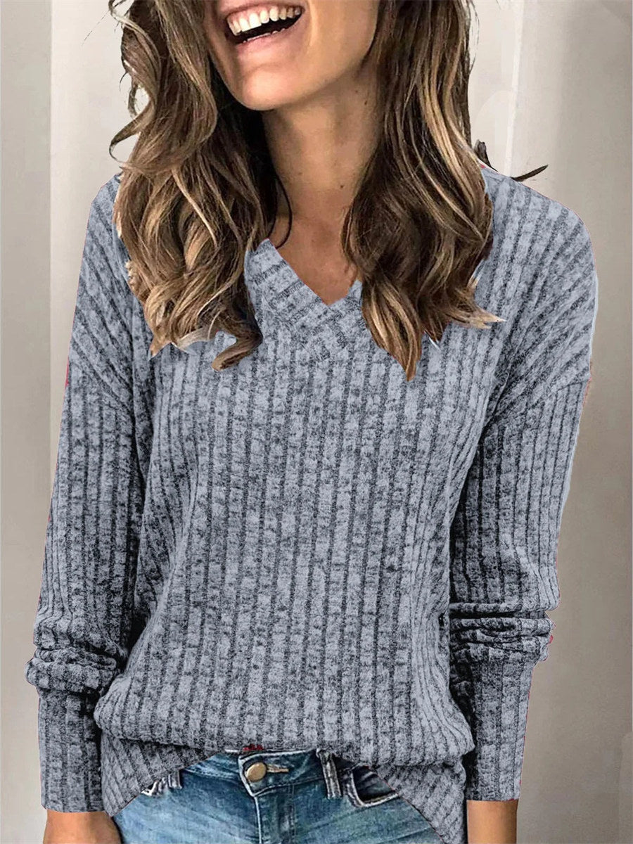 Plain V-neck Long Sleeve Casual T-shirt