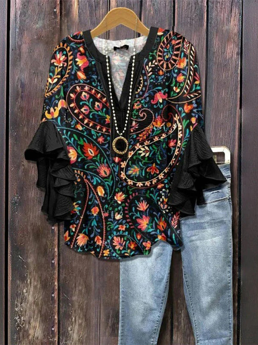 Vintage Floral Print V-neck 3/4 Sleeve Blouse