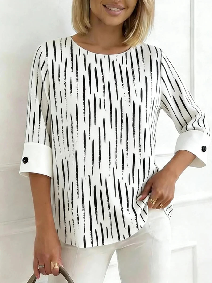 Modern Round Neck Abstract Print 3/4 Sleeve Top