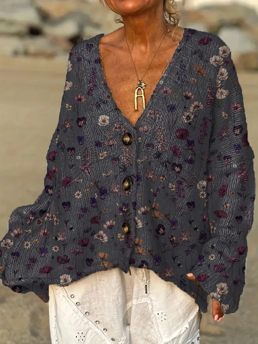 Women's Vintage Flower Art Print V-neck Long Sleeve Casual Pullover Sweater
