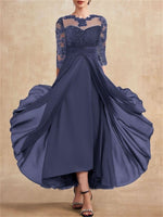 Chiffon Lace Crew Neck Blue Dress